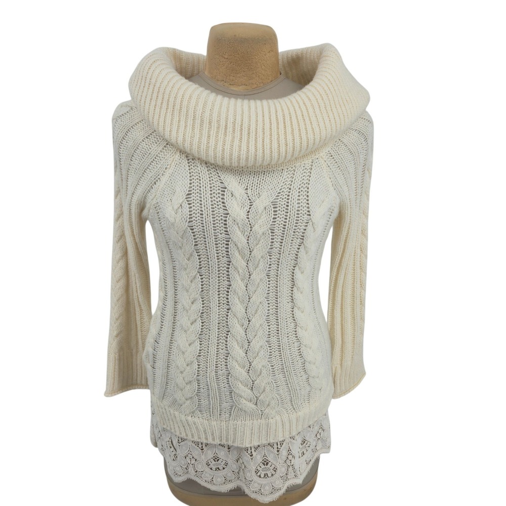 Knox Rose Sweater Women M Cream Cable Knit Cowl Neck Lace Hem Tunic Pullover